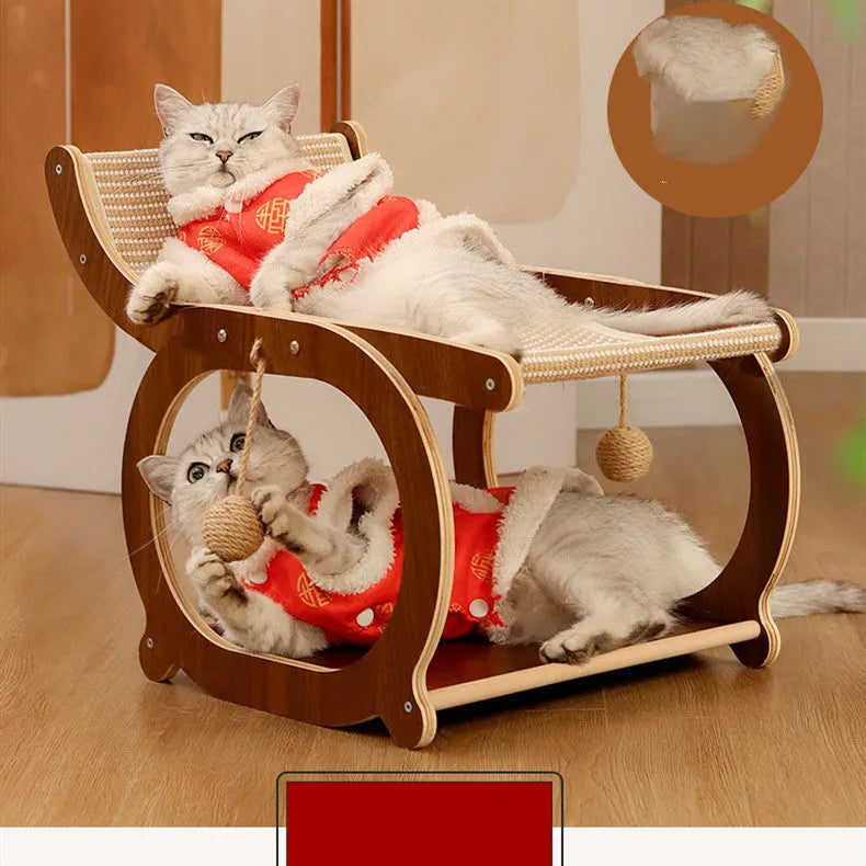 Solid wood cat scratching mat with sisal rope surface in natural wood colour
