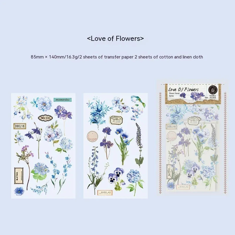 Huazhisen forest art sticker pack showing six colour designs on transfer paper and cotton linen sheets