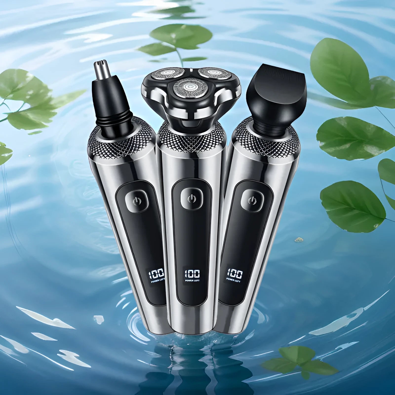 USB rechargeable beard trimmer with digital display on its five-in-one base, showing washable body and floating cutter head.