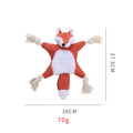 Brown fox-shaped dog toy with embroidered eyes, cotton rope limbs, and squeaker crinkle features