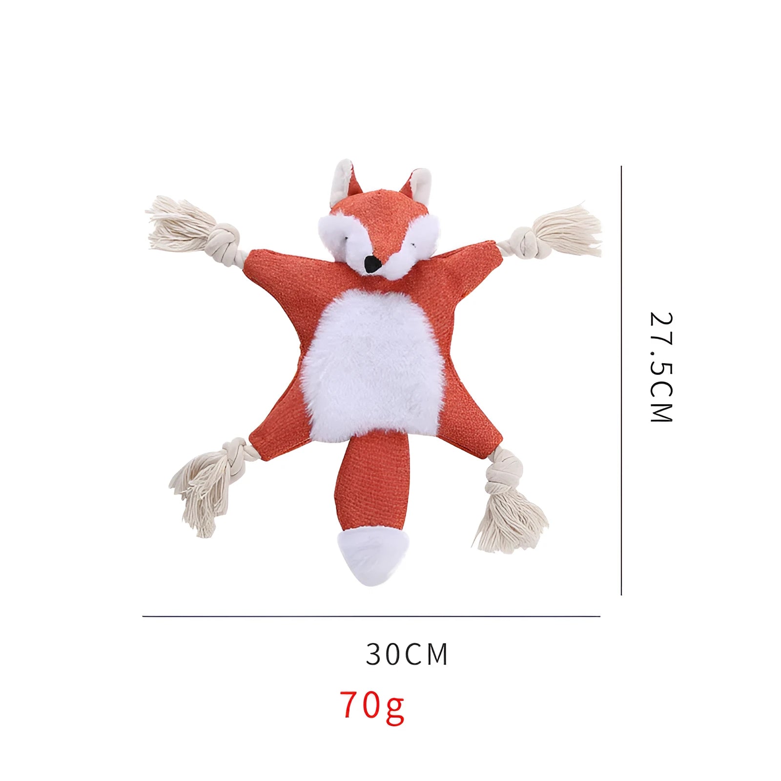 Brown fox-shaped dog toy with embroidered eyes, cotton rope limbs, and squeaker crinkle features