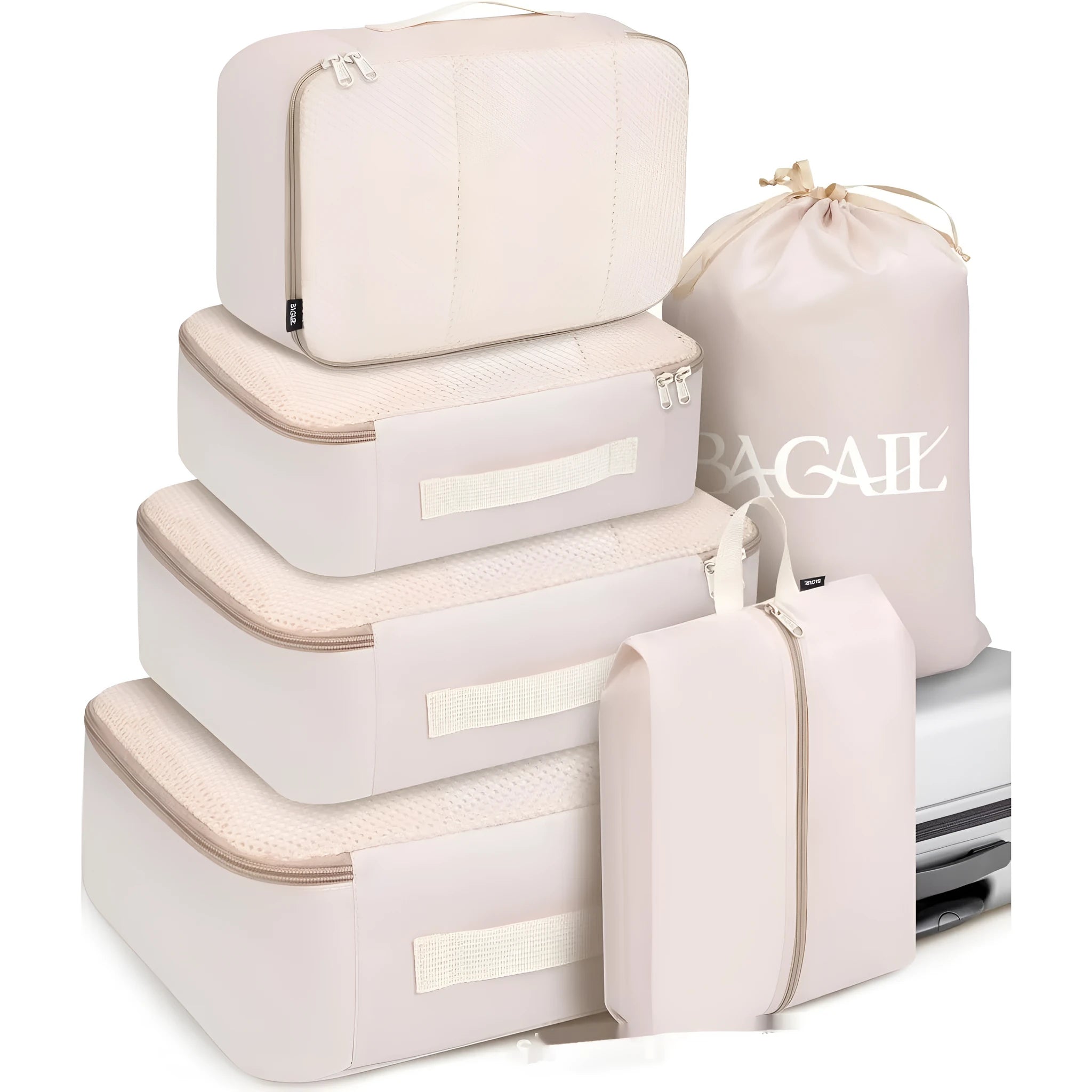Eight cubic travel packing bags in various solid colours for underwear and daily supplies organisation