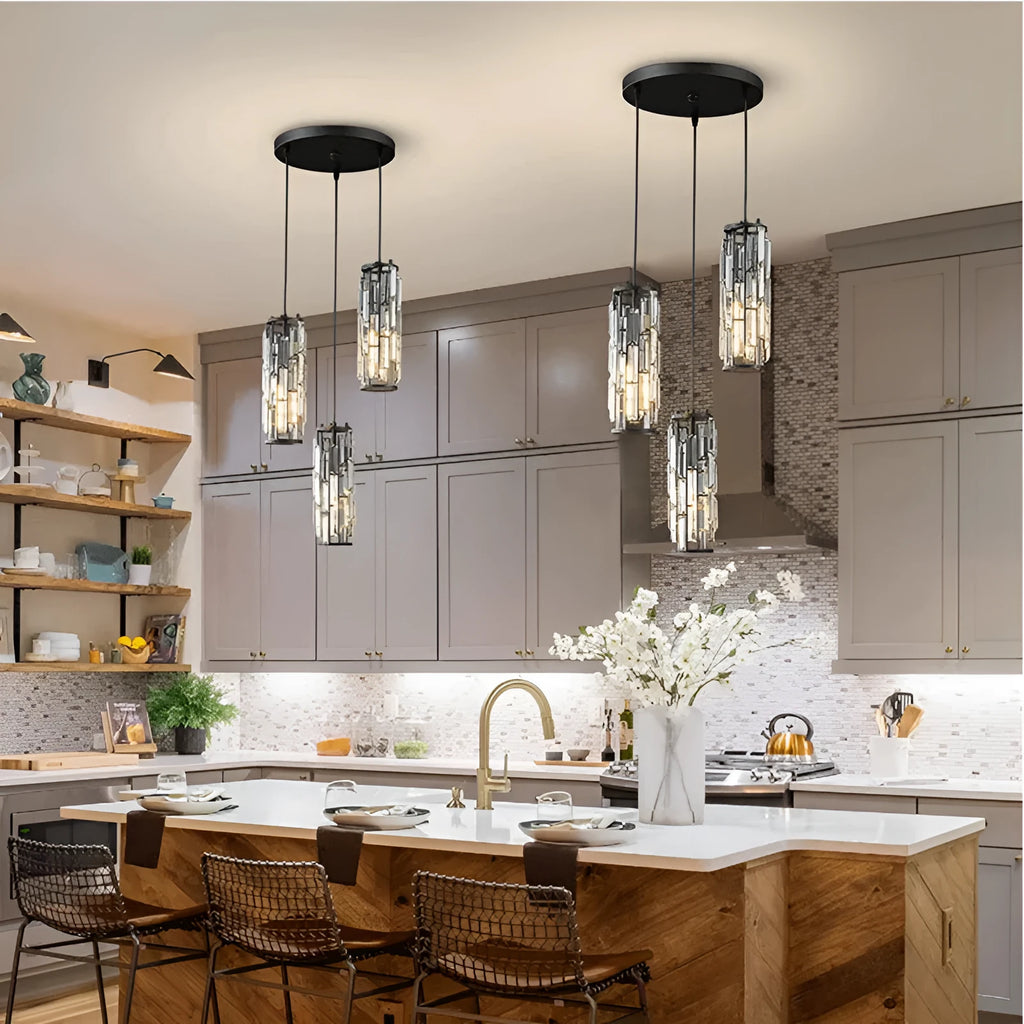 LED industrial style crystal droplight in black finish for bedroom or dining room use