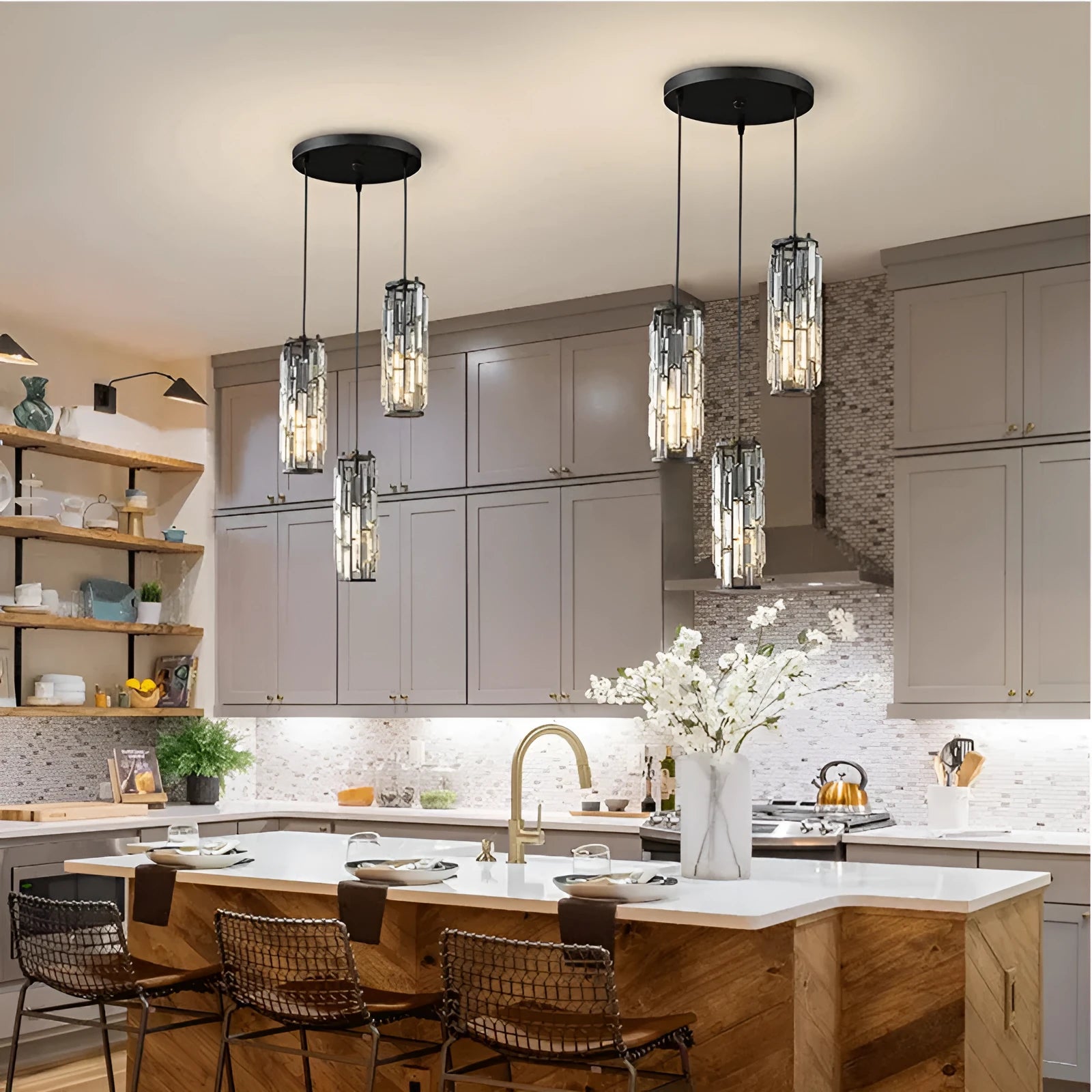 LED industrial style crystal droplight in black finish for bedroom or dining room use