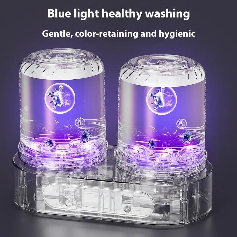 White double bucket USB portable mini washing machine for underwear on a countertop.