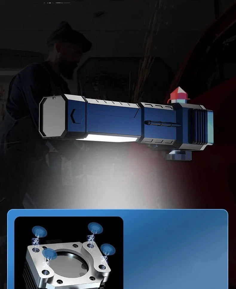 Silver plastic portable LED flashlight with integrated USB power bank charging port.