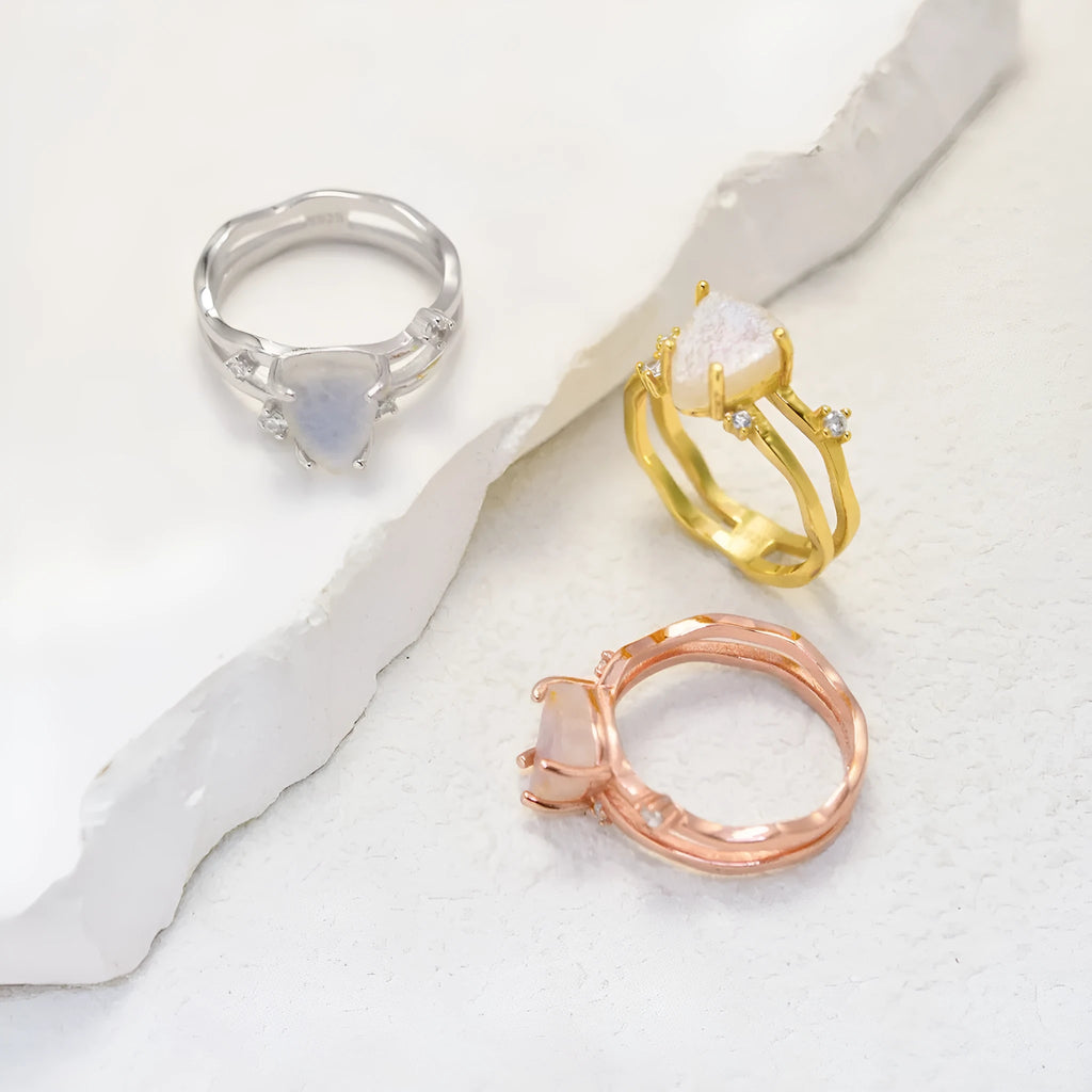 S925 sterling silver geometric triangle ring with moonstone centrepiece in rose gold electroplated finish