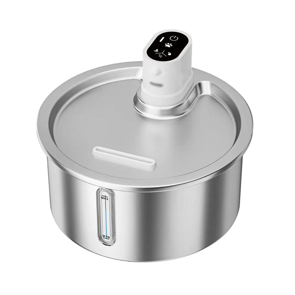 Stainless steel pet water fountain with constant temperature heating base for dogs and cats.