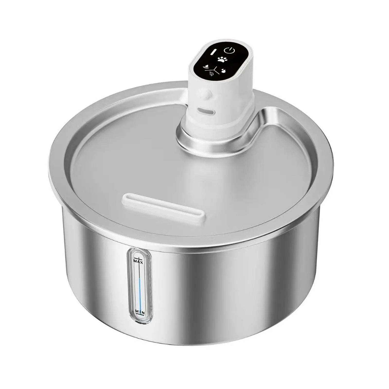 Stainless steel pet water fountain with constant temperature heating base for dogs and cats.