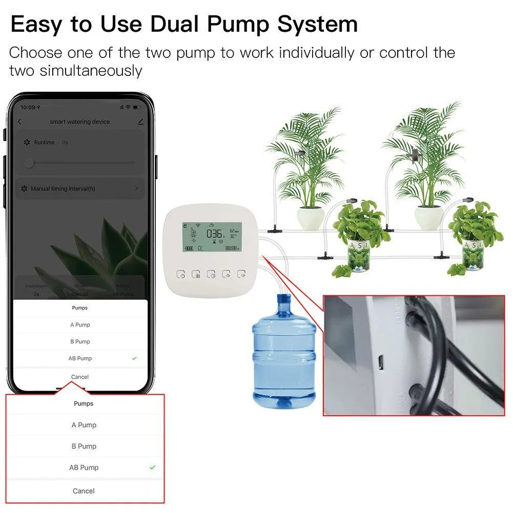 Graffiti smart home rechargeable sprinkler timer with WiFi timing, 2600mAh battery, and drip irrigation accessories