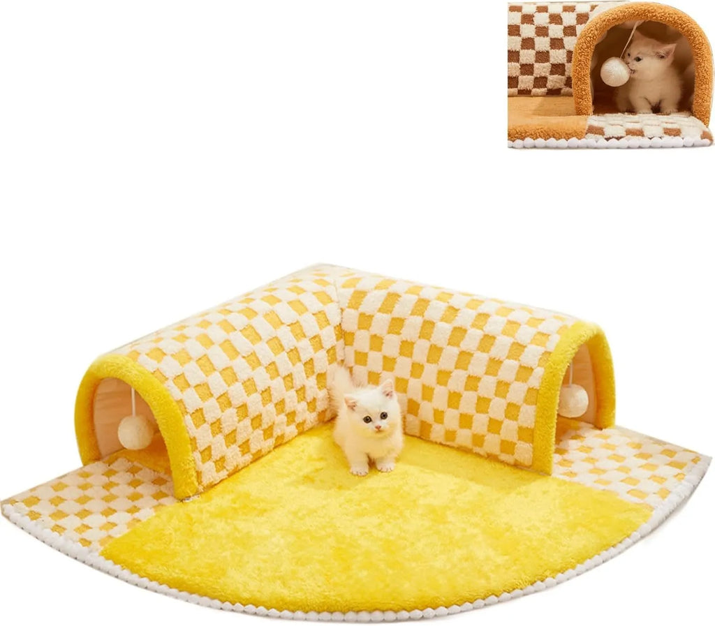 Plush plaid cat tunnel bed with central mat for indoor cats, brown colour, non-slip bottom