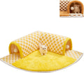 Plush plaid cat tunnel bed with central mat for indoor cats, brown colour, non-slip bottom