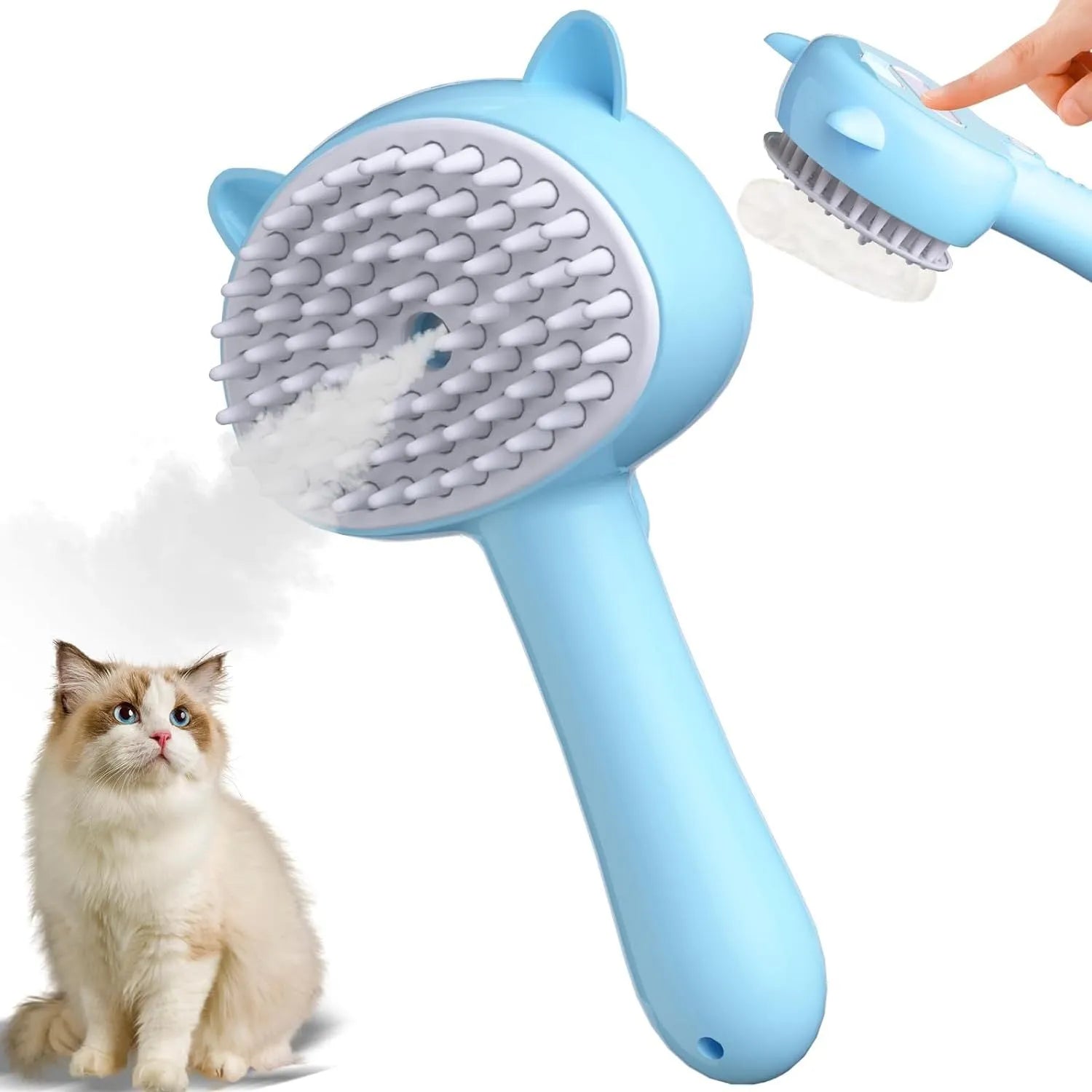 Blue cat steam brush with ergonomic handle, rubber bristles and one-click release button for pet grooming