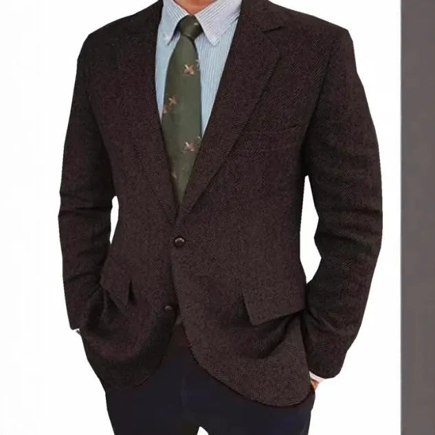 Men's retro herringbone suit jacket in solid colour with long sleeves and flax lining, shown in Brown