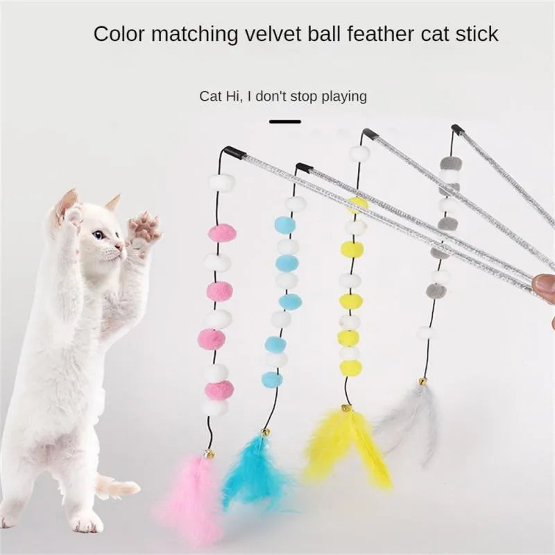 31cm long cat teaser interactive toy rod with colourful feather pompons and bell
