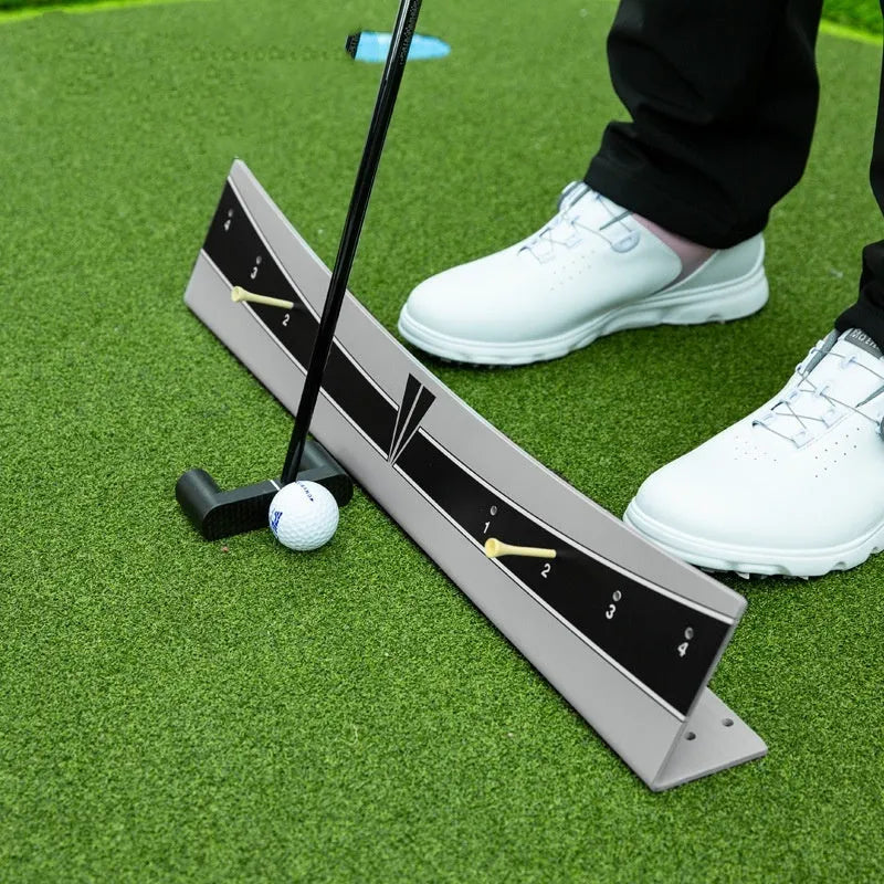 Golf putter trajectory balance simulator with adjustable push rod balancer on flat surface