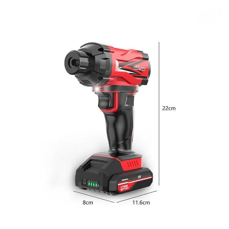Red and black portable wireless car tyre air pump with power cable and nozzle attachments on a table.