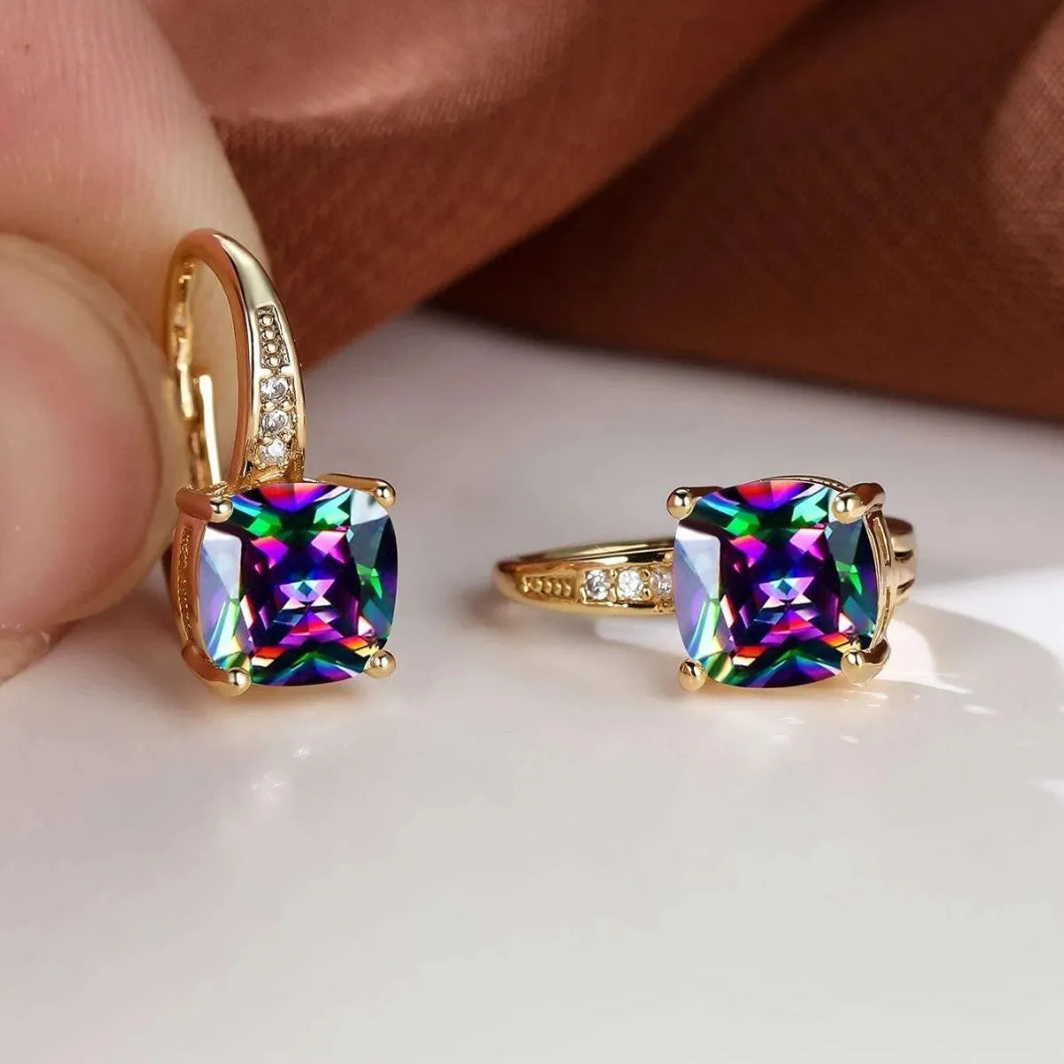 Square geometric ear clips with colourful moissanite inlays and electroplated gold finish