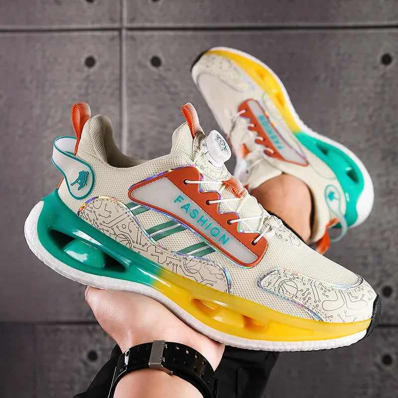 Men's low-top casual sports shoes with mesh upper in beige orange, featuring an elastic band closure and a lightweight sole.