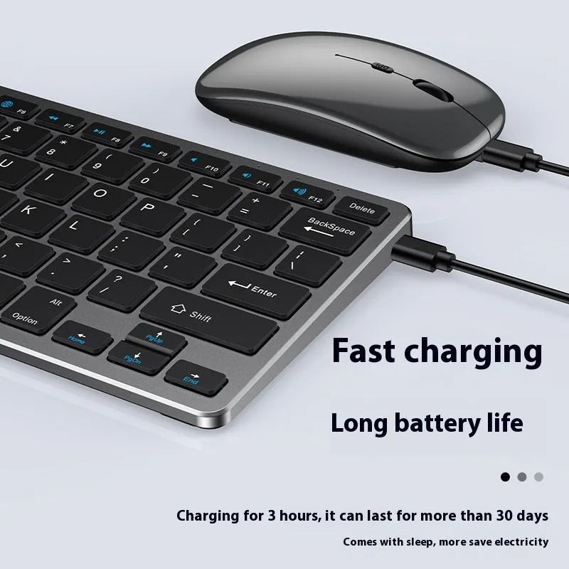 Ultra-thin wireless keyboard and mouse set in silver colour with USB receiver and protective cover.
