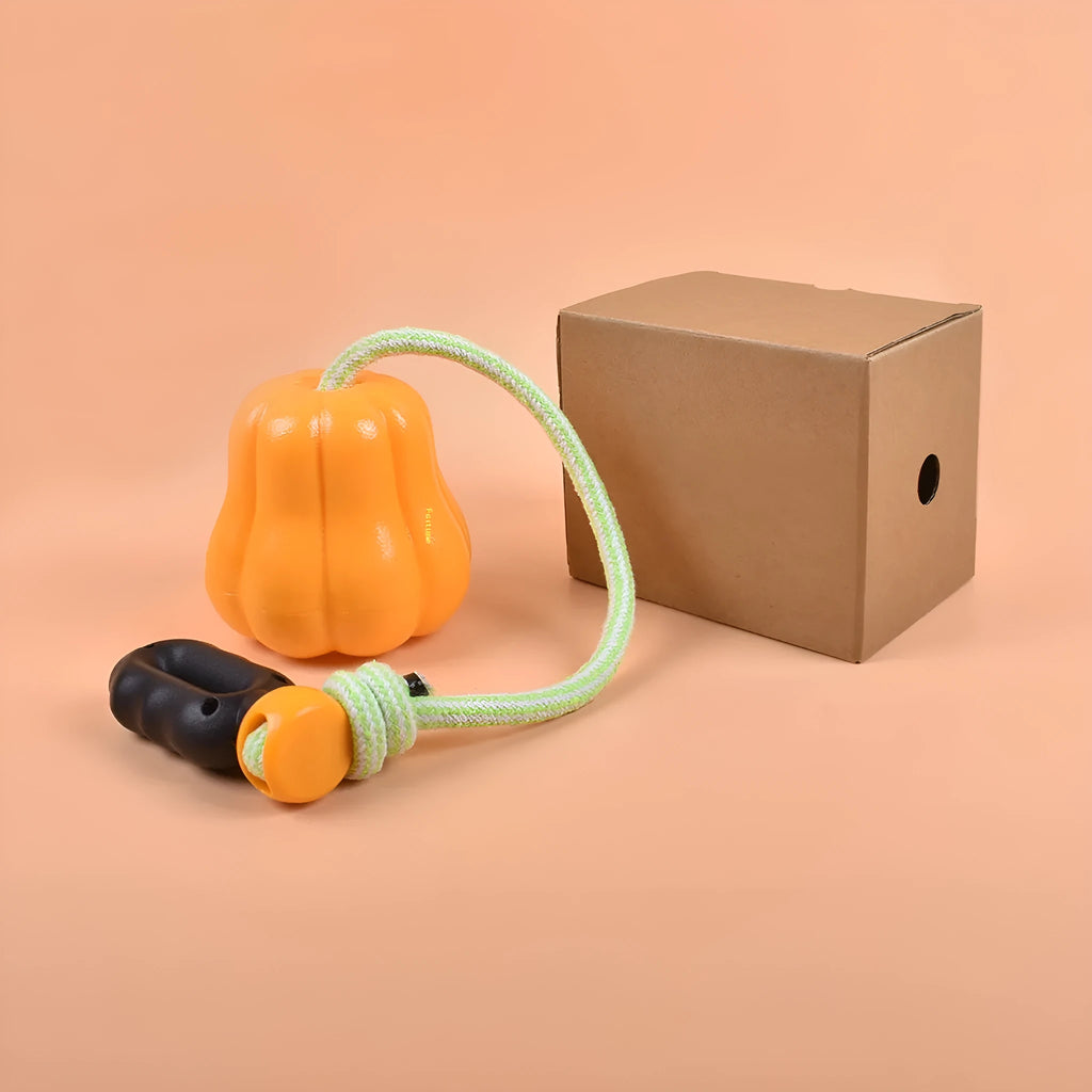 Orange pumpkin-shaped plastic dog chew toy with attached rope handle for large breed dogs