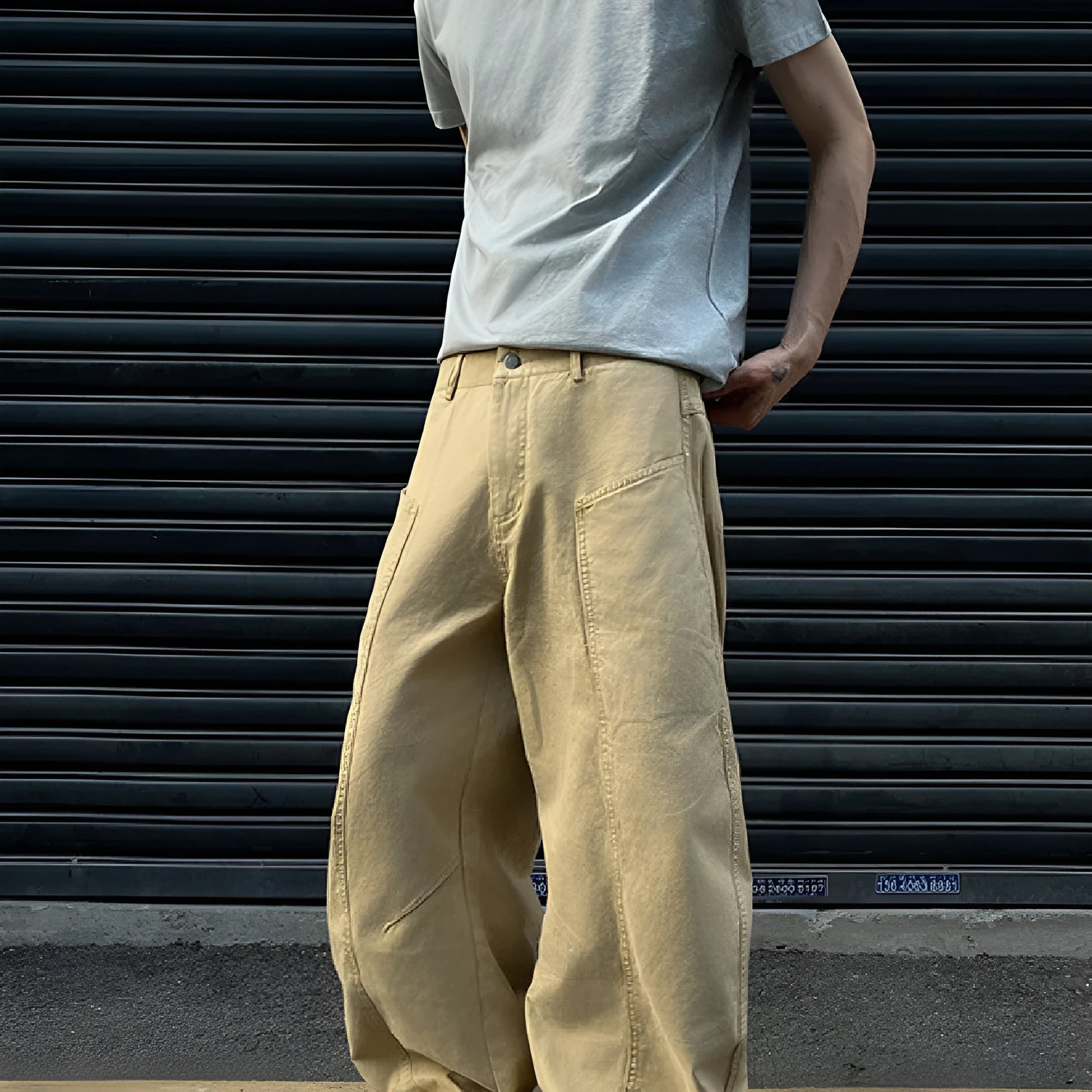 Men's casual cotton straight trousers in solid khaki colour from the front