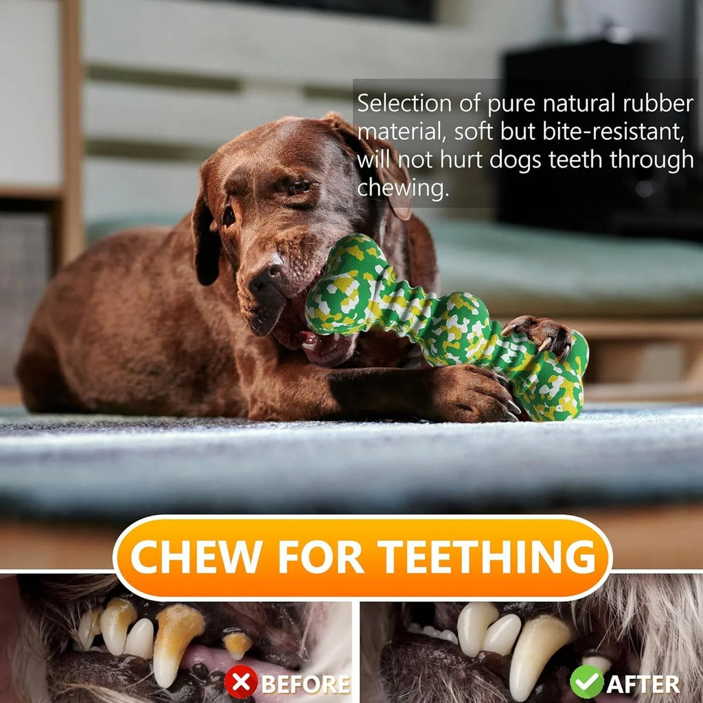 Green, white, and yellow camouflage pattern natural rubber dog chew toy for large breeds.