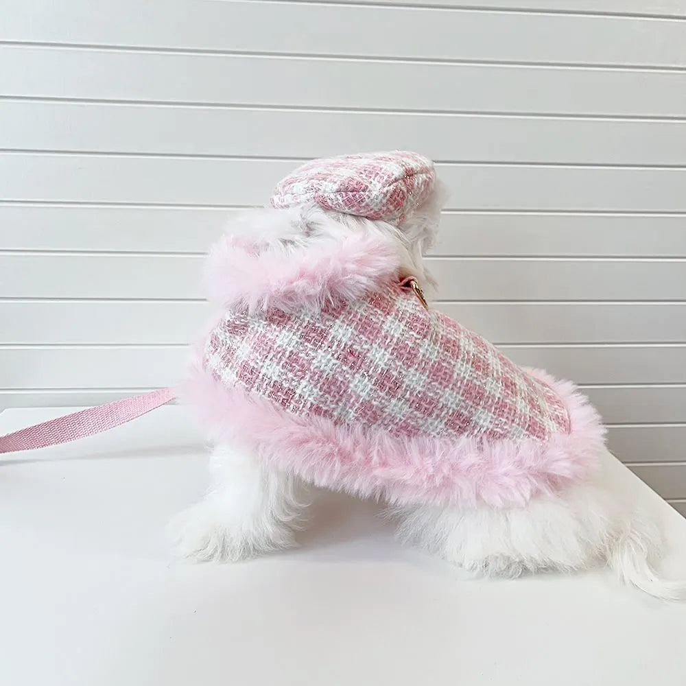 Pink polyester cat clothing set with beret and cape, showing chest and back traction design