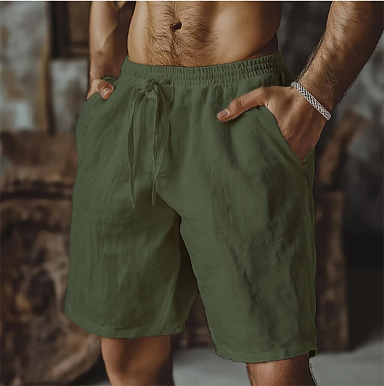 Men's cotton and linen casual beach shorts in solid colour, fifth-length straight leg, British style, various sizes and colours