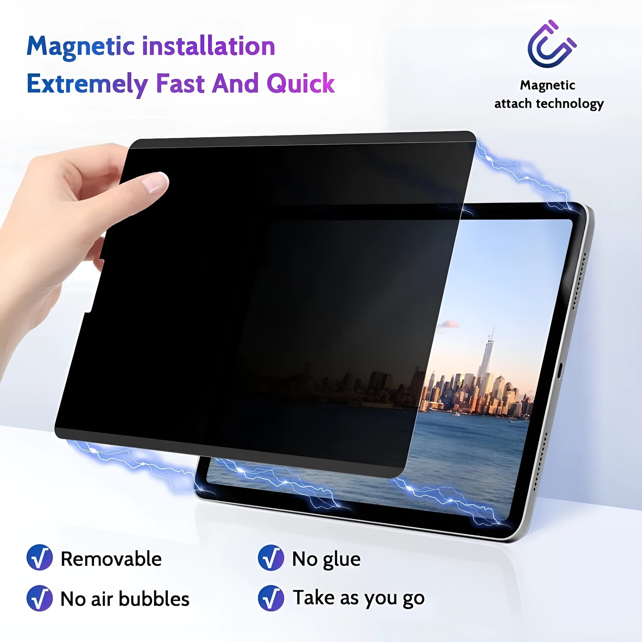 Magnetic iPad privacy film with storage clip for screen protection on various iPad models