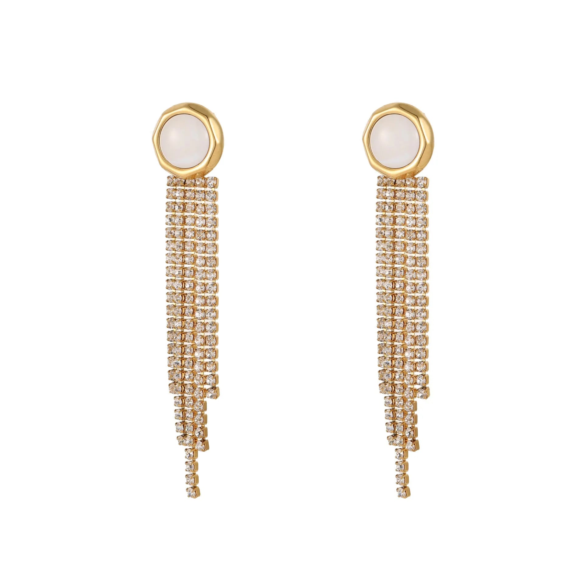 A pair of gold electroplated stainless steel earrings featuring geometric heart and five-pointed star shapes in a dangle style.