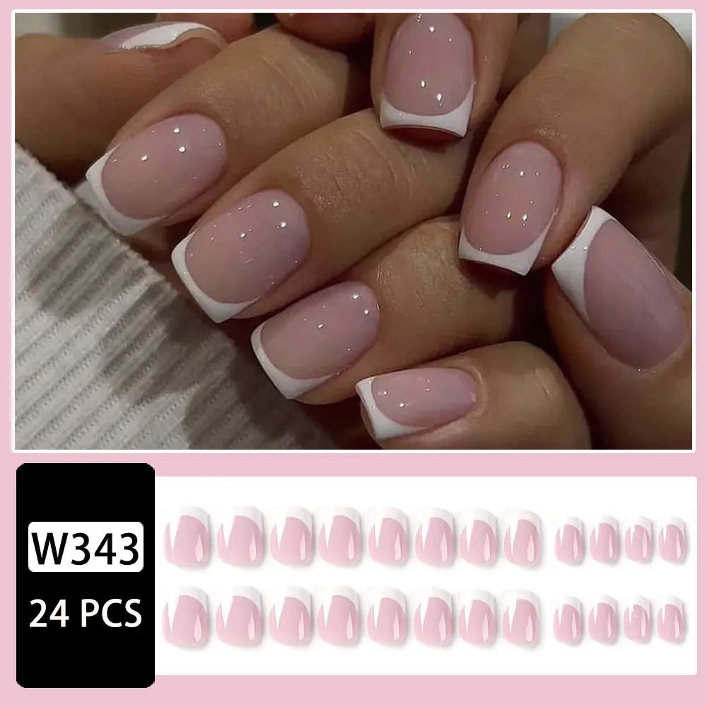 24 white plaid pattern fake nails arranged showing distinctive design