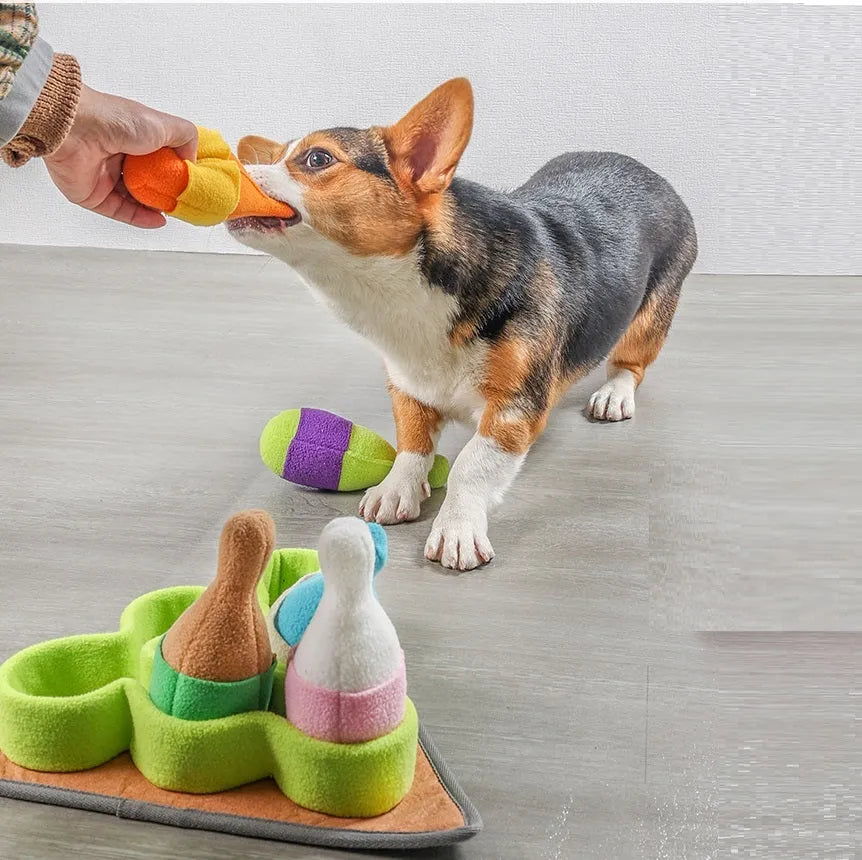 Pet puzzle play bowling toy set in polar fleece with sounding feature, 34.5x34.5cm