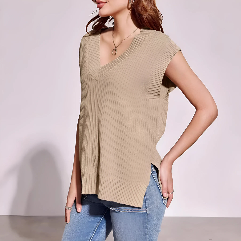 V-neck sleeveless loose pullover vest in striped viscose fabric