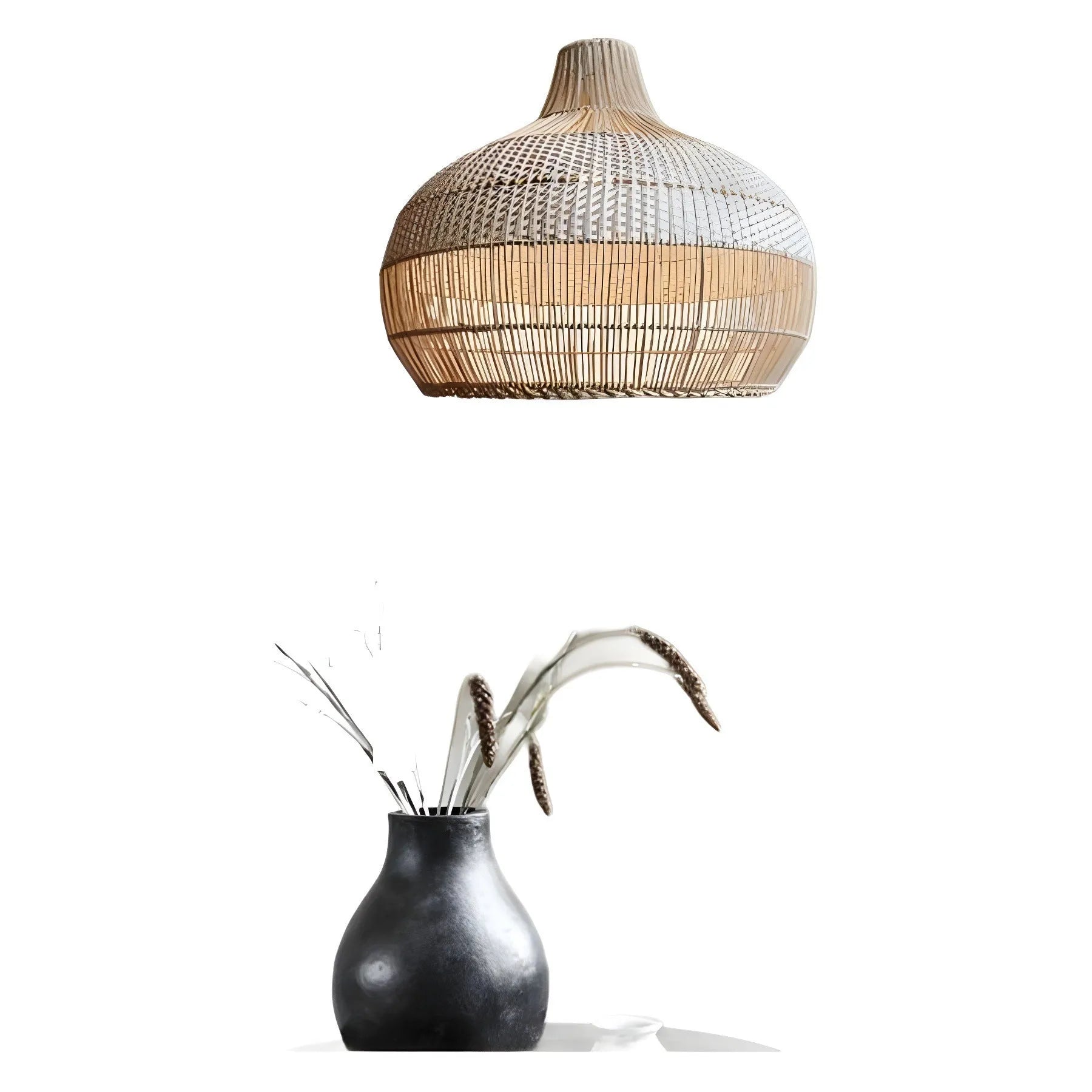 Rattan woven chandelier with 60cm diameter in a pastoral Southeast Asian style.
