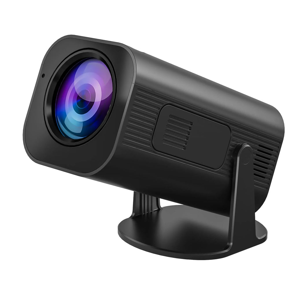P330 black and white portable mini projector on a table with remote control.
