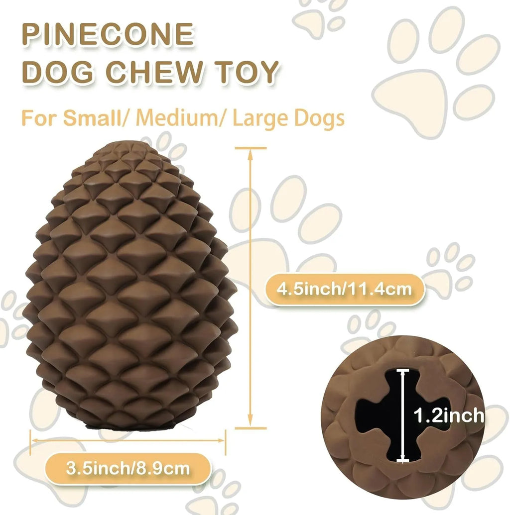 Yellow pine cone shaped dog chew toy with textures and a treat dispenser hole.