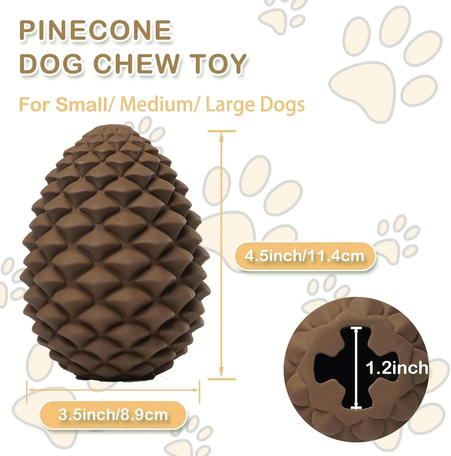 Yellow pine cone shaped dog chew toy with textures and a treat dispenser hole.