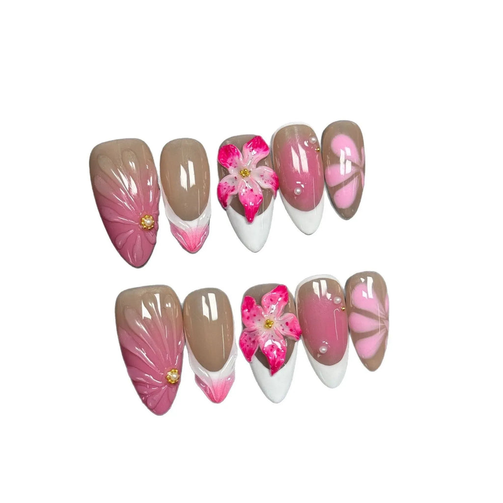 Plastic French style artificial nails with 3D lily and ice flower designs in almond shape, shown in multiple sizes.
