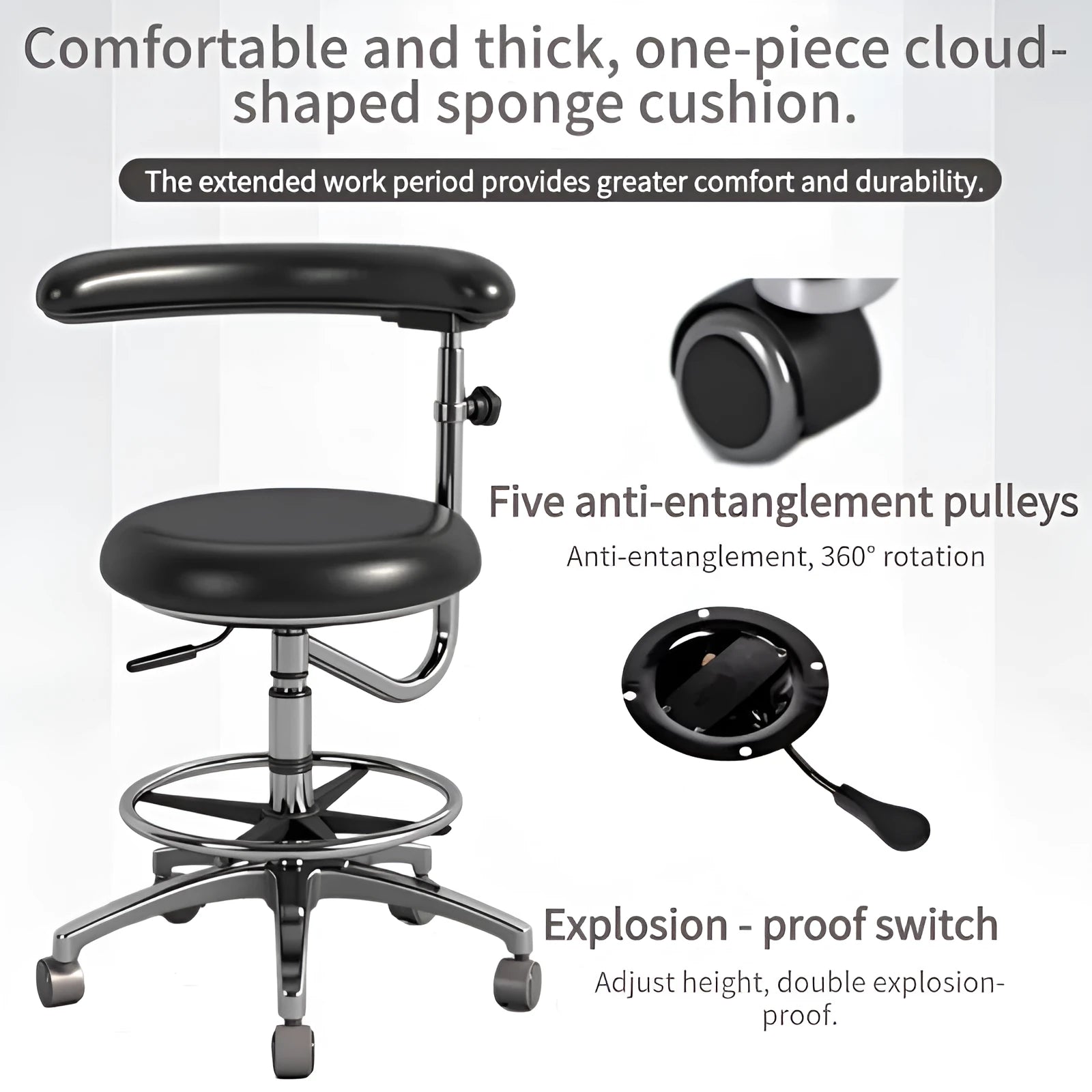 Black leather dental chair lift with hydraulic height adjustment for hospital use