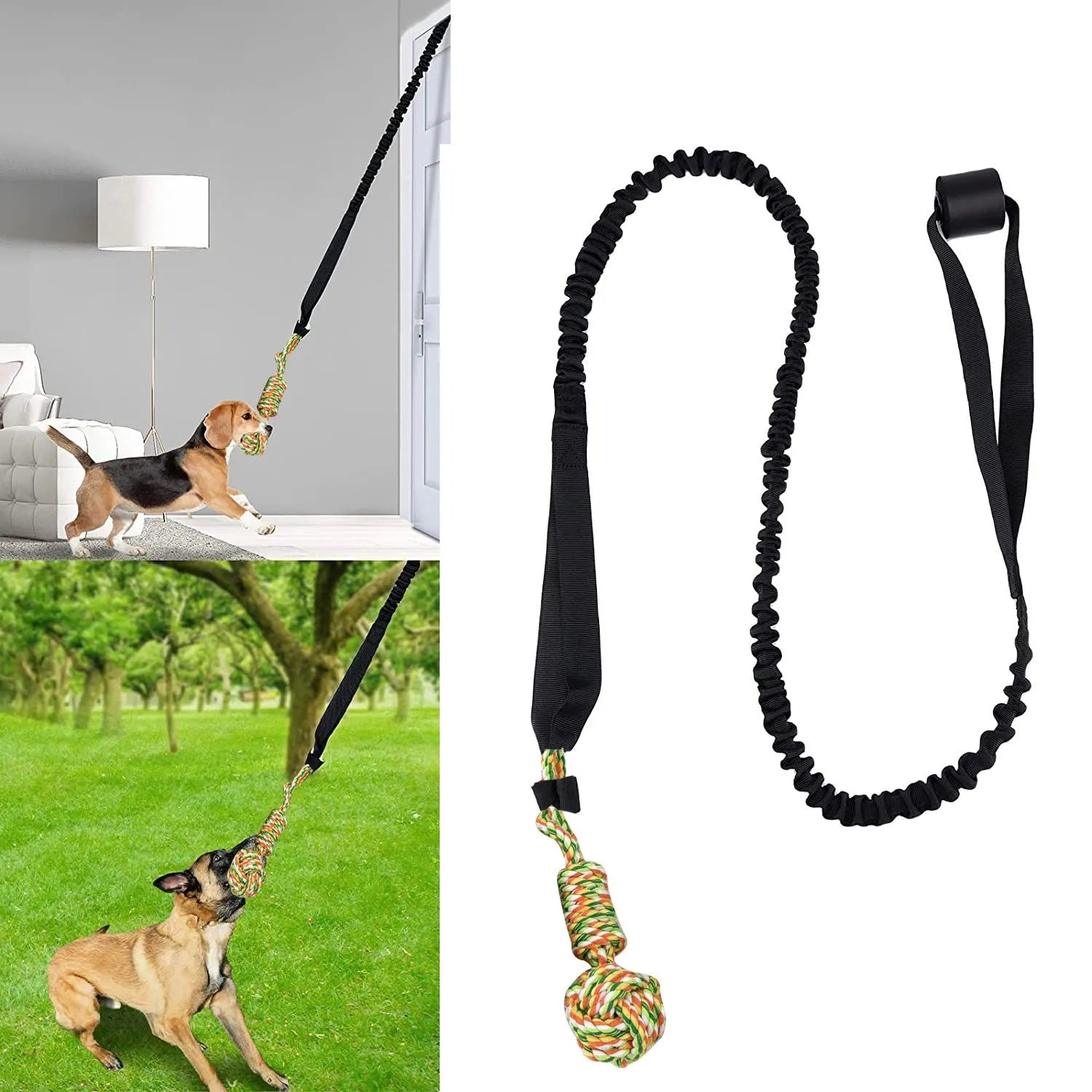 Cotton thread dog tug of war rope toy in black, grey, or red colours for interactive play and teeth grinding