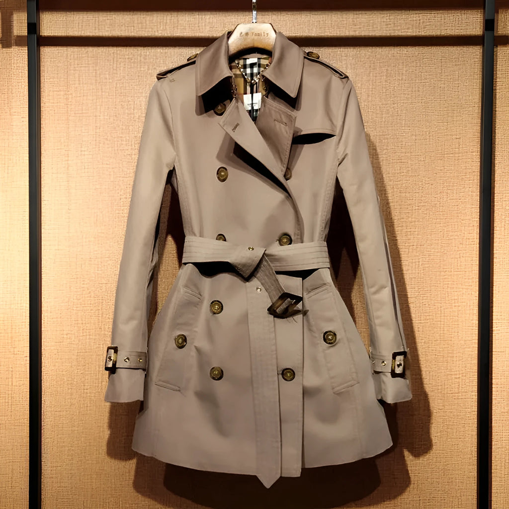 Khaki women's double-breasted polyester trench coat with flight sleeves.