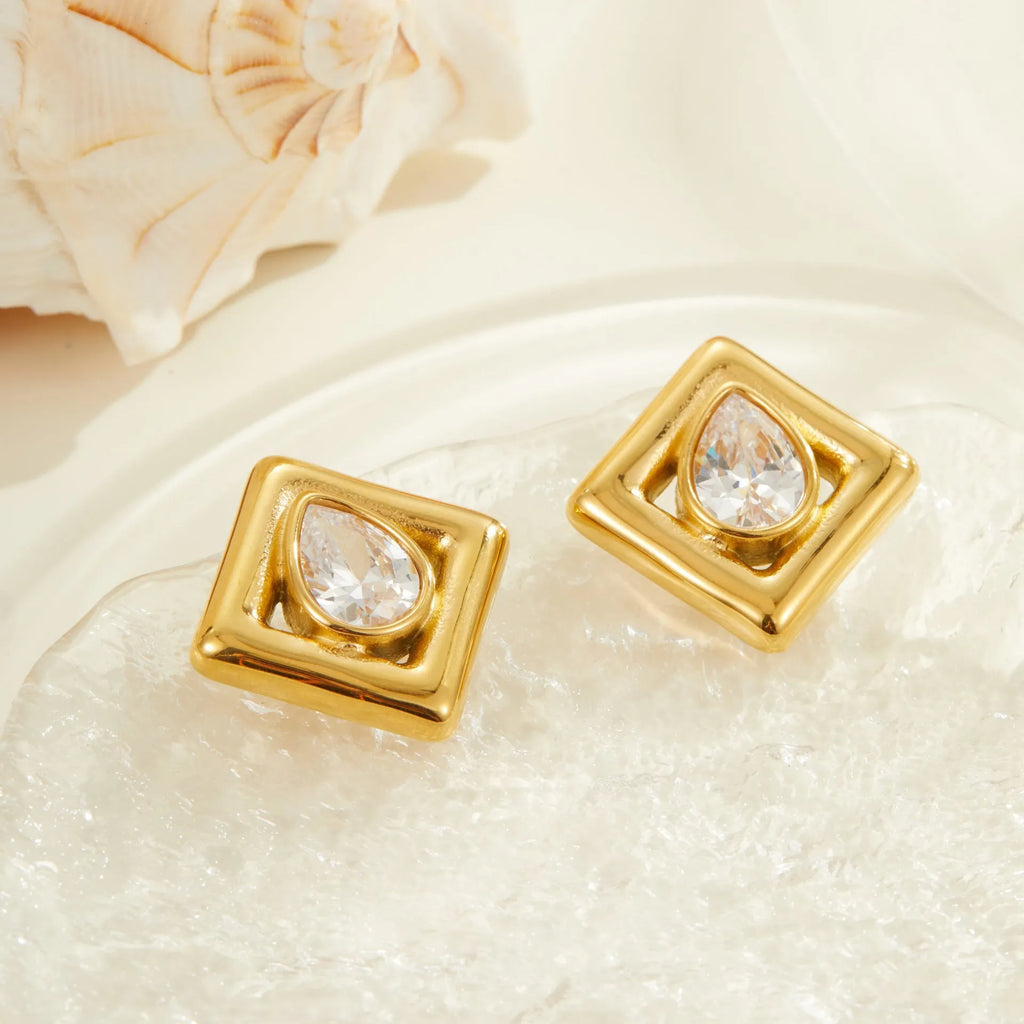 Gold geometric stud earrings with inlaid water drop zircon stones on stainless steel