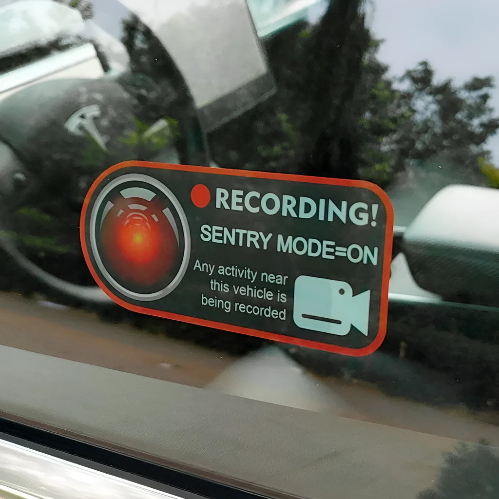 Pair of PVC electrostatic Sentry Mode warning stickers for Tesla, size 11x5cm, English text