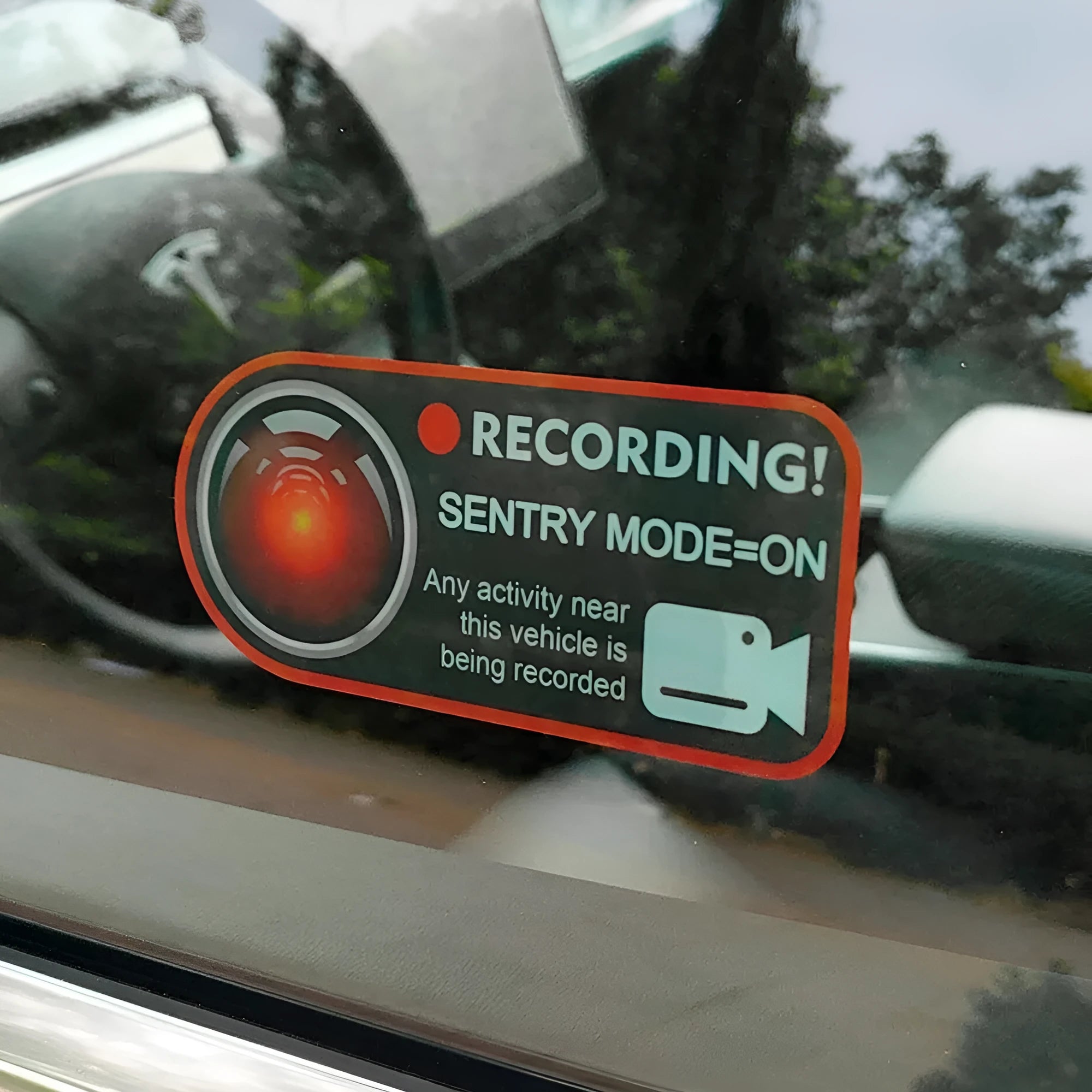 Pair of PVC electrostatic Sentry Mode warning stickers for Tesla, size 11x5cm, English text