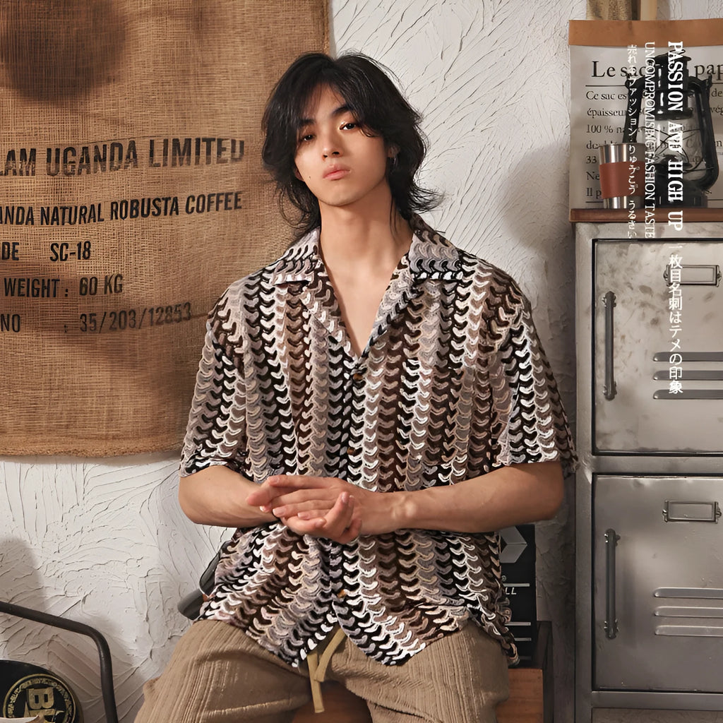 Grey Japanese style Cuban collar short sleeve shirt with hollow jacquard pattern, slim fit.