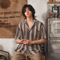Grey Japanese style Cuban collar short sleeve shirt with hollow jacquard pattern, slim fit.