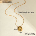 Gold-plated necklace with geometric pendant on stainless steel chain, showing 18K plating and adjustable length