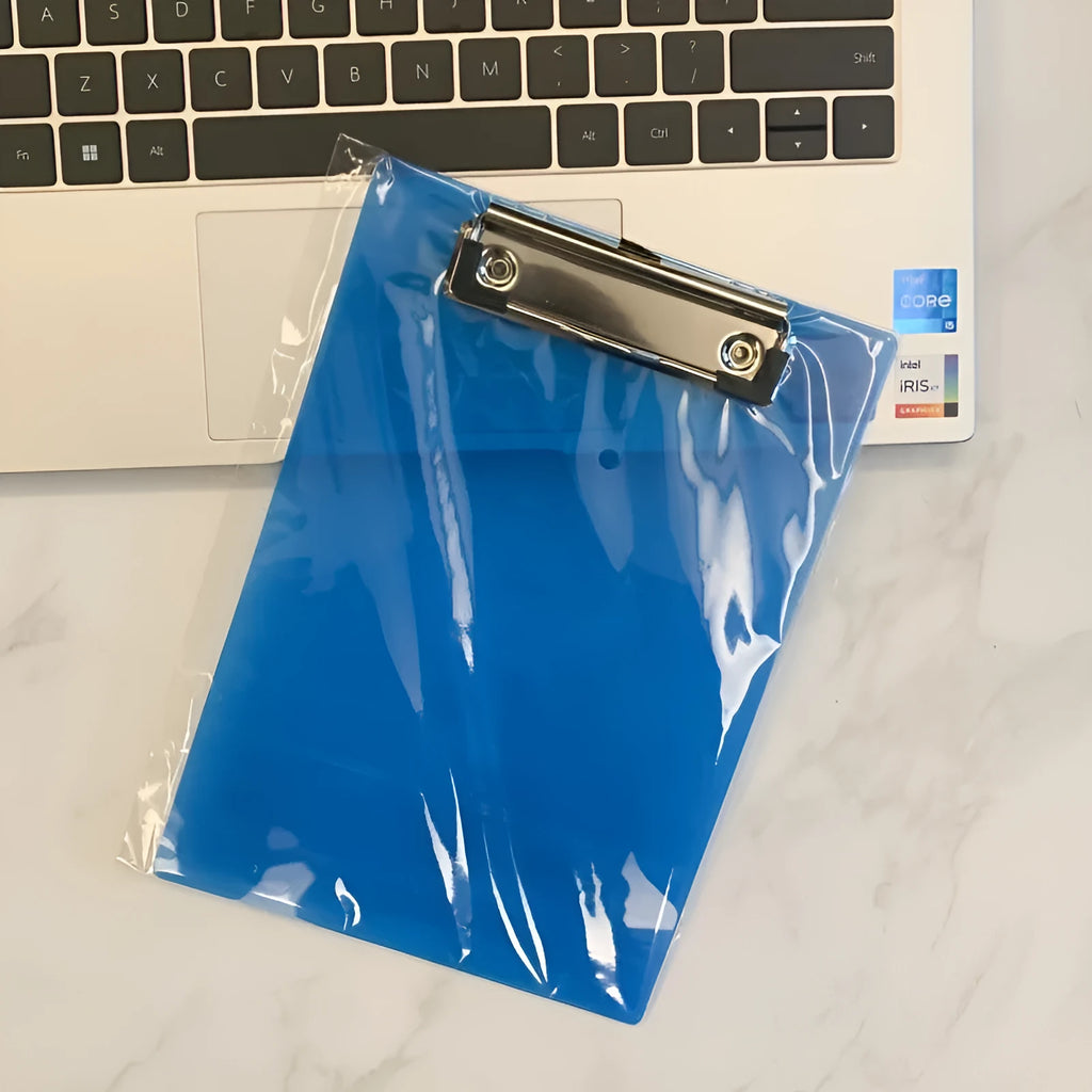 A4 blue plastic writing pad portfolio folder with metal clip, showing transparent front plate.