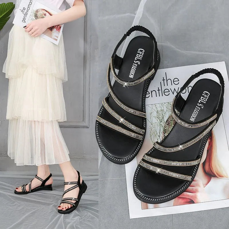 Women's gold Korean-style flat sandals with rhinestones and elastic band